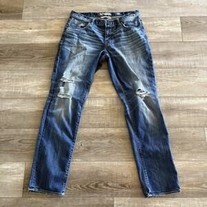 BKE Jeans Men 34L 34x34 Blue Nolan Straight Leg Distressed Whiskered Y2K Stretch